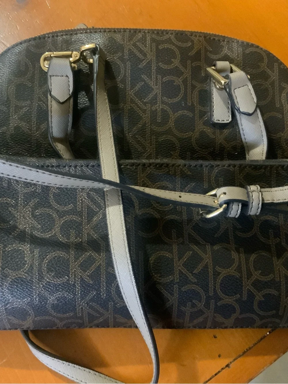 Calvin Klein Brown Logo Dome Satchel with Tan Accents